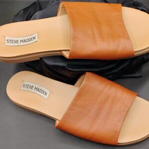 Steve Madden Sandals Womens 9M Karolyn Slide Flats Slip On Brown Leather PreOwn